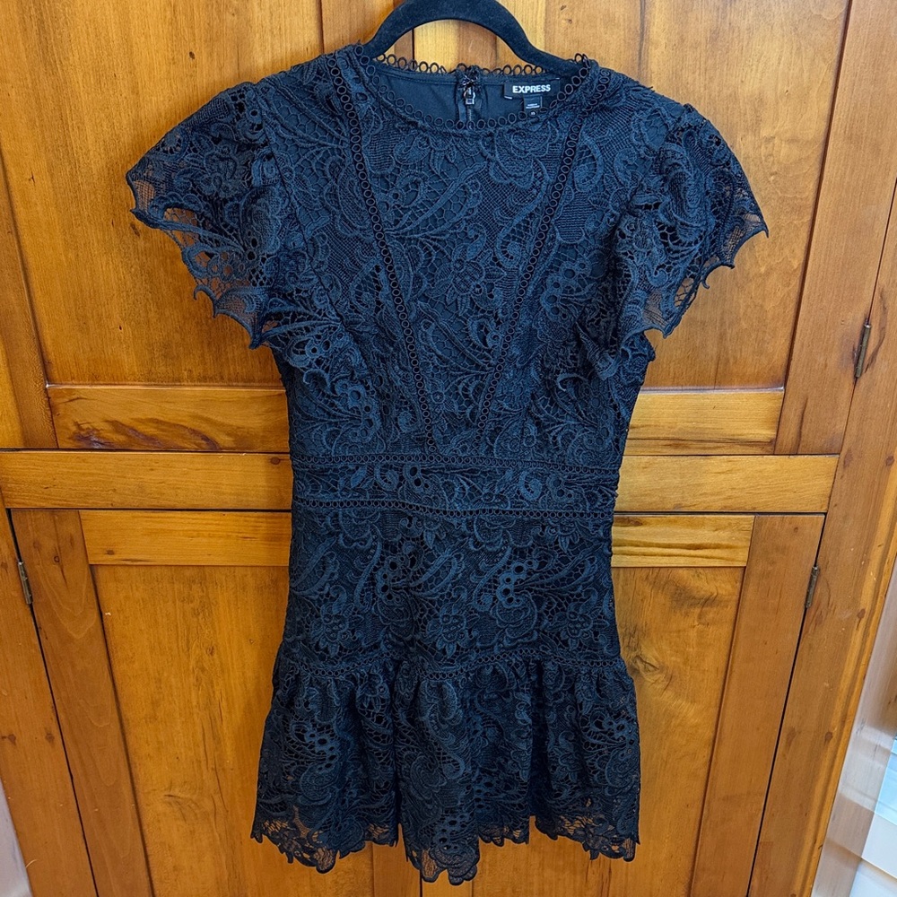 Express Black Lace Flutter Sleeve Mini Dress, XS- Whimsigoth, Lace, Dark Western